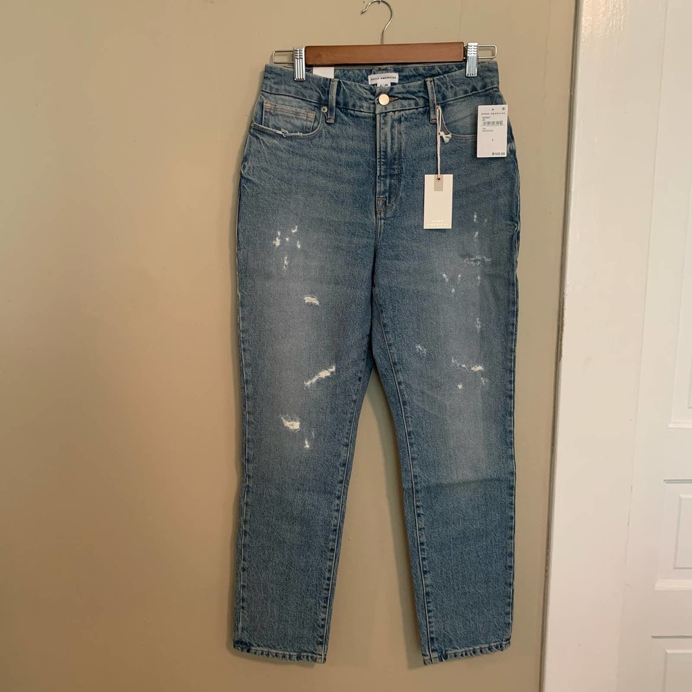 Good American Good Classic High Rise Jeans NWT Size 2 INDIGO046 Distressed - Picture 3 of 10
